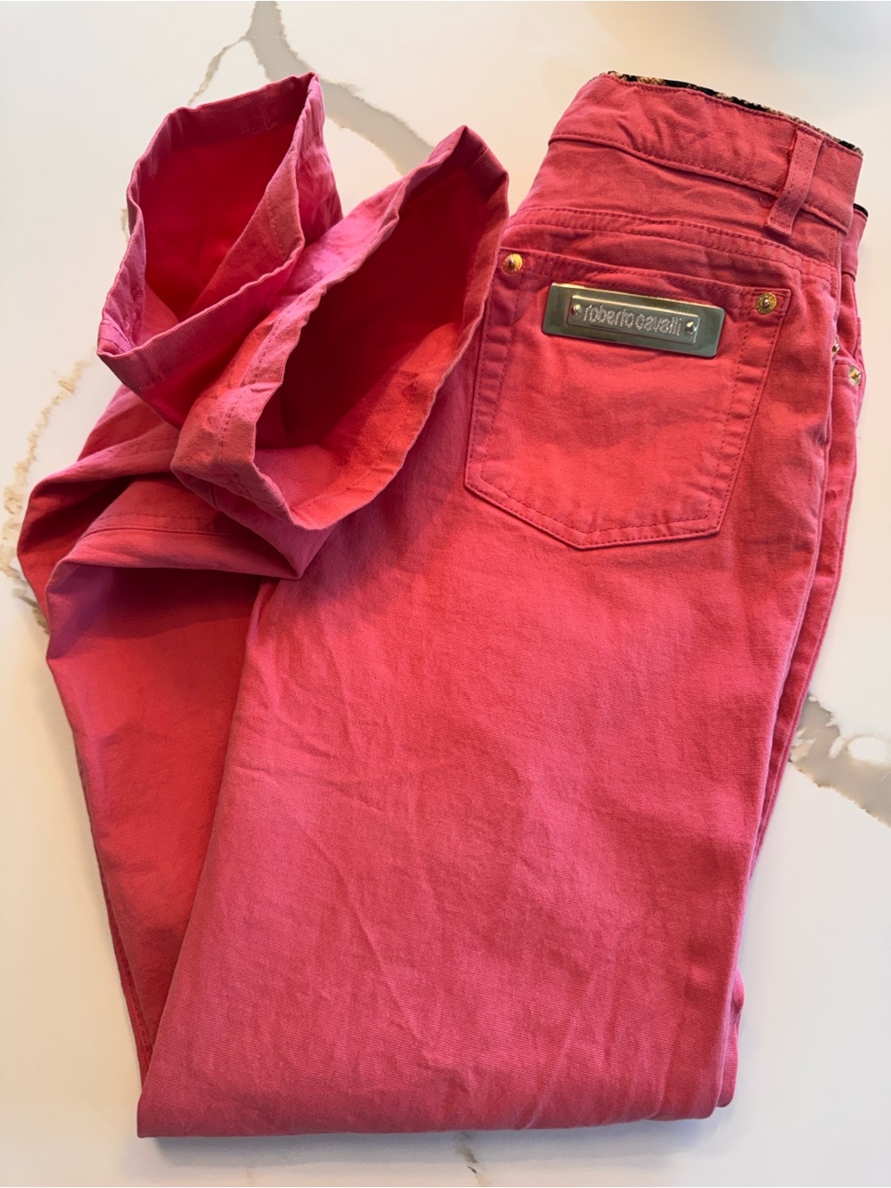 Roberto Cavalli Vintage Pink Flare Jeans Silk Animal Print Trim Crystal Logo M